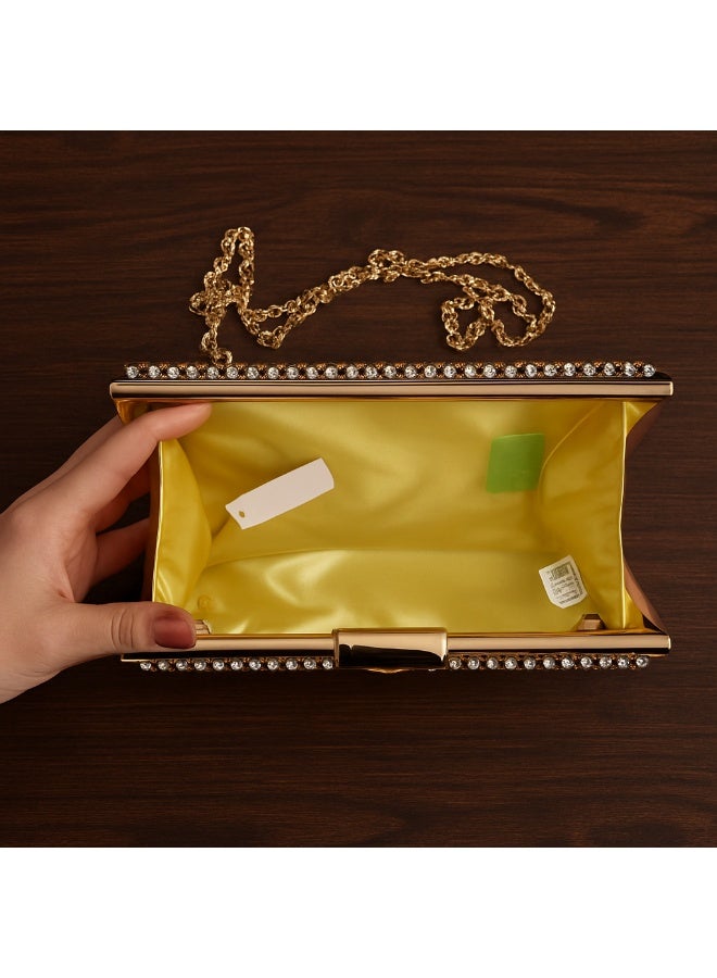 شنطة كلتش سواريه حريمي ذهبي كريستال بسلسلة – مثالية للأفراح والمناسبات - Image 3