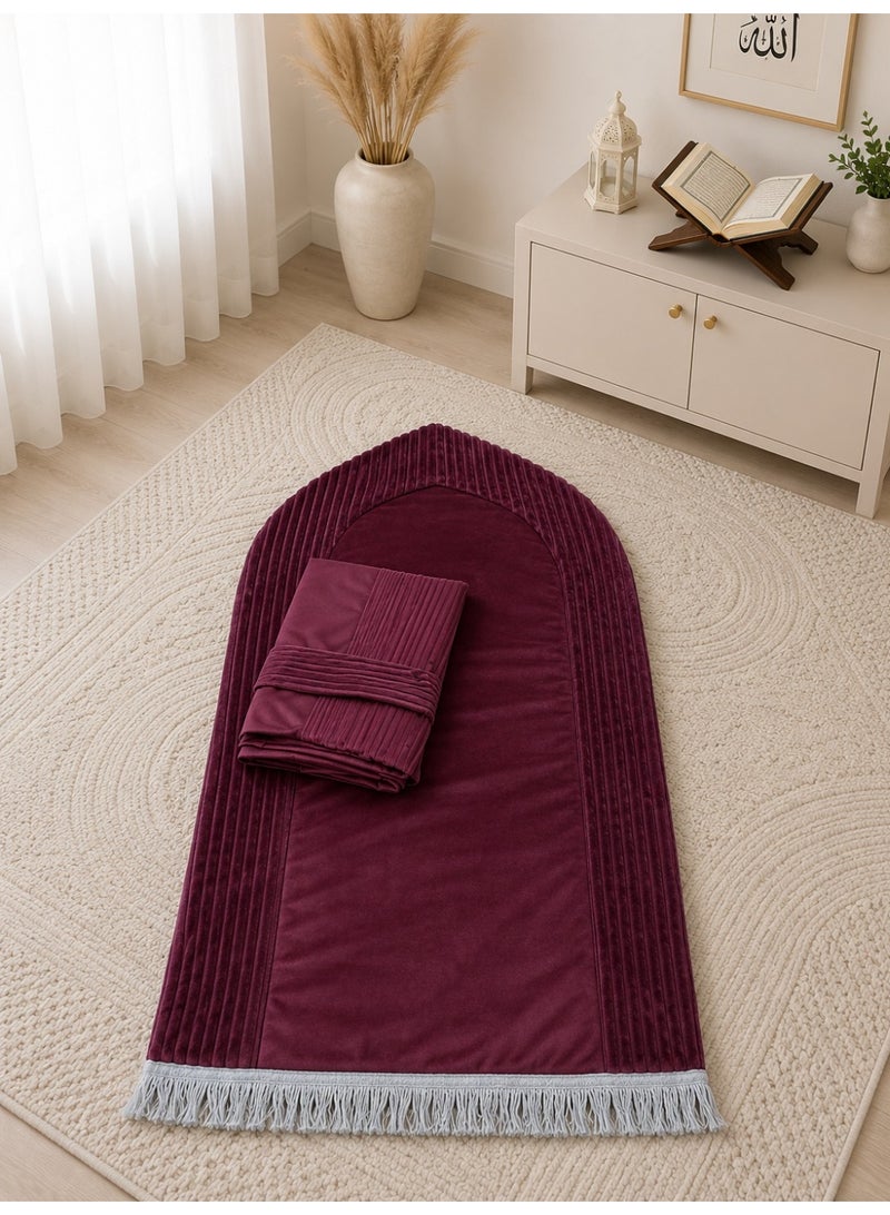 Women's prayer set: striped padded foam prayer mat with attached prayer shawl and pleated hijab. - Image 1