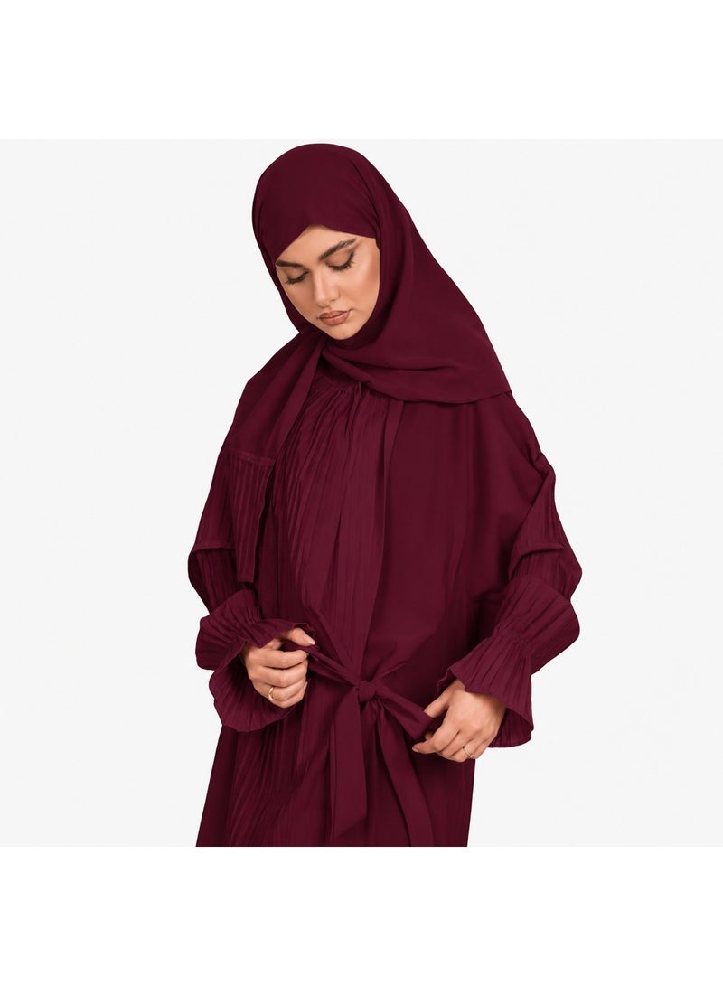 Women's prayer set: striped padded foam prayer mat with attached prayer shawl and pleated hijab. - Image 3