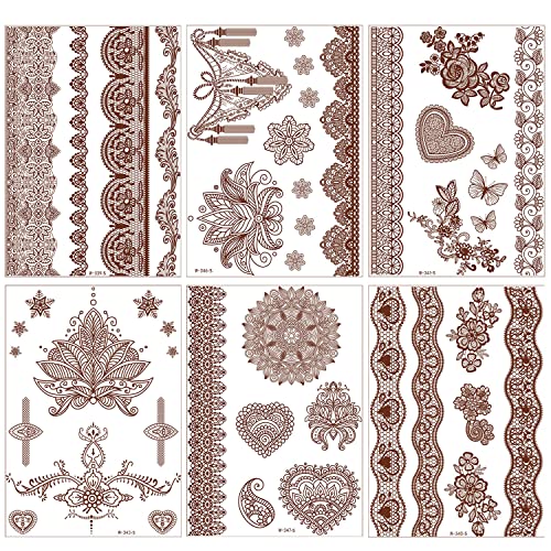 KASUWA Henna Tattoos, Henna Temporary Tattoos Brown Waterproof Tattoo stickers for Women Wedding Party Festivals,Parties Decoration Suppliers 6Sheets - Image 2