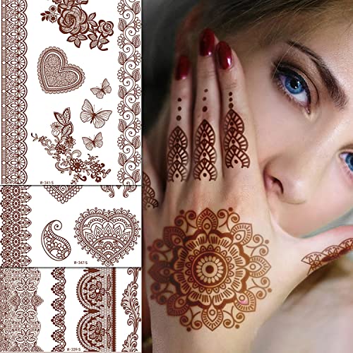 KASUWA Henna Tattoos, Henna Temporary Tattoos Brown Waterproof Tattoo stickers for Women Wedding Party Festivals,Parties Decoration Suppliers 6Sheets - Image 1