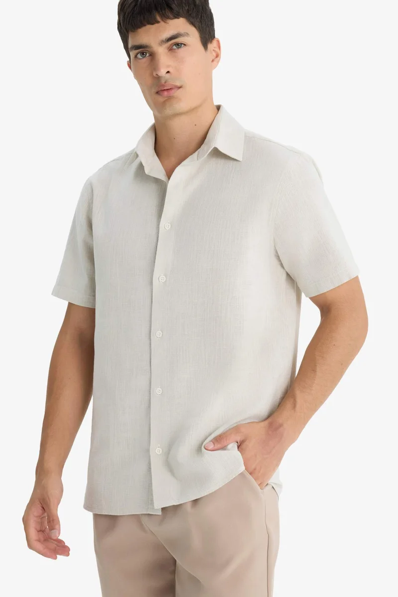 ديفاكتو Regular Fit Polo Collar Linen Look Cotton Summer Shirt