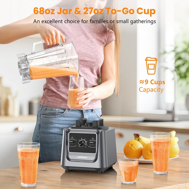 LAMPICK Blenders for Kitchen, 2000W Blender for Smoothies 35000 RPM Professional Grade High-Speed Smoothie Blender with 68 oz Pitcher & 27 oz To-Go Cup for Shakes, Ice Crushing, and Frozen Fruit - Image 5