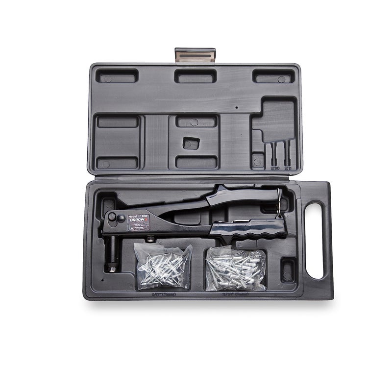 Arrow Fastener طقم أدوات ريفيت Arrow RL100K، مجموعة ريفيت يدوية للمعادن، القماش، الجلد، وإصلاح السيارات، تستخدم ريفيتات بحجم 1/8 بوصة و 3/16 بوصة، تشمل علبة تخزين و 50 ريفيت - Image 1