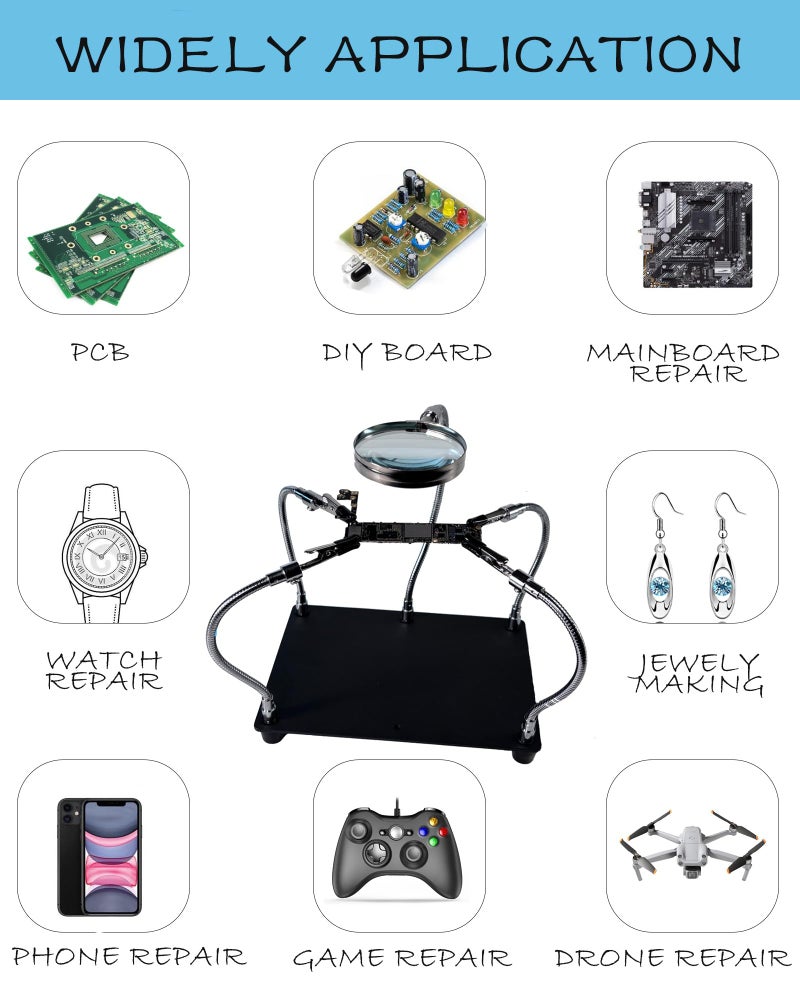 Kaisiking Helping Hands Soldering Station with Magnifying Glass, PCB Holder 4 Flexible Arms Magnifier and Third Hand Soldering Tool for Electronic Repair Soldering Jewelry Crafts - Image 5
