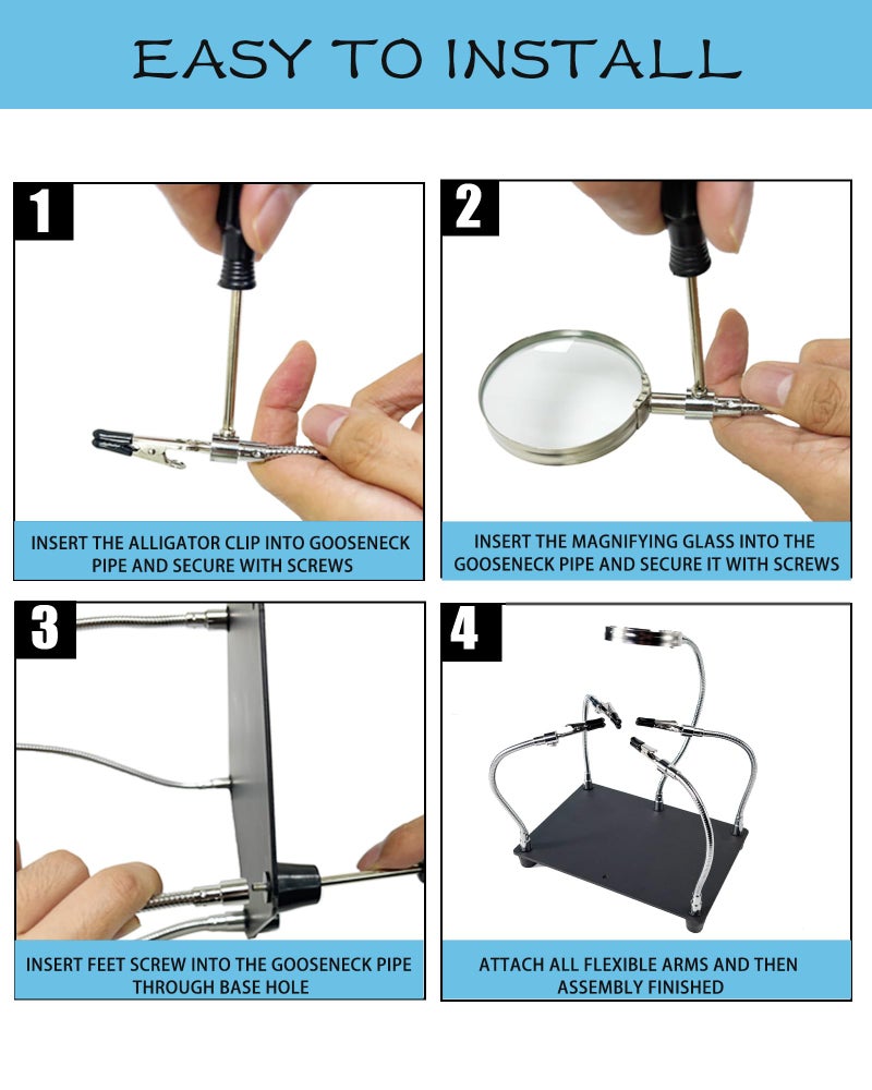 Kaisiking Helping Hands Soldering Station with Magnifying Glass, PCB Holder 4 Flexible Arms Magnifier and Third Hand Soldering Tool for Electronic Repair Soldering Jewelry Crafts - Image 4