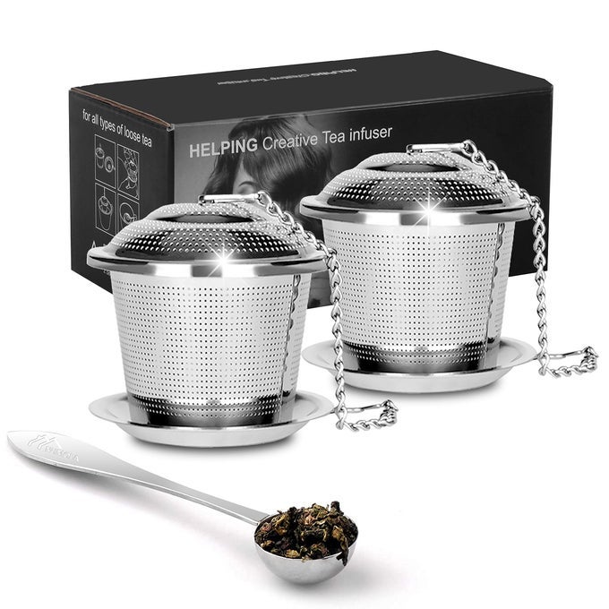 TEA INFUSER FOR LOOSE TEA LOOSE LEAF TEA INFUSERS SET FINE MESH TEA STEEPER WITH SPOON AND DRIP TRAYS TEA DIFFUSERS WITH EXTENTED CHAIN HOOK FOR TEA LOVERS
