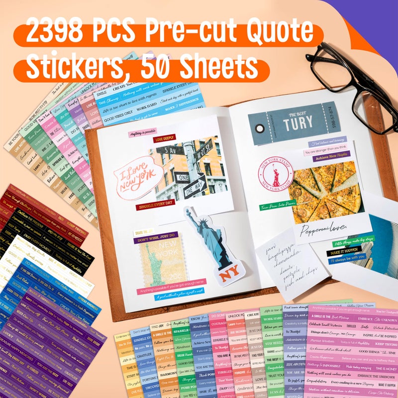 SpriteGru 2398PCS Quote Stickers, Gold Foil Word Phrase Stickers for Junk Journal, Pre-Cut Motivational Inspirational Small Talk Labels for Scrapbook, DIY Craft Card Making (50 Sheets) - Image 2