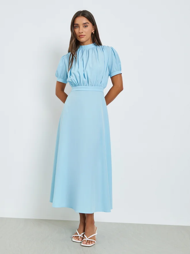 Styli  Blue Solid Blouson A-Line Midi Dress for Women | Best Price UAE