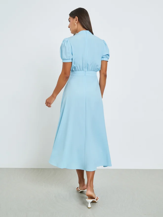 Styli  Blue Solid Blouson A-Line Midi Dress for Women | Best Price UAE