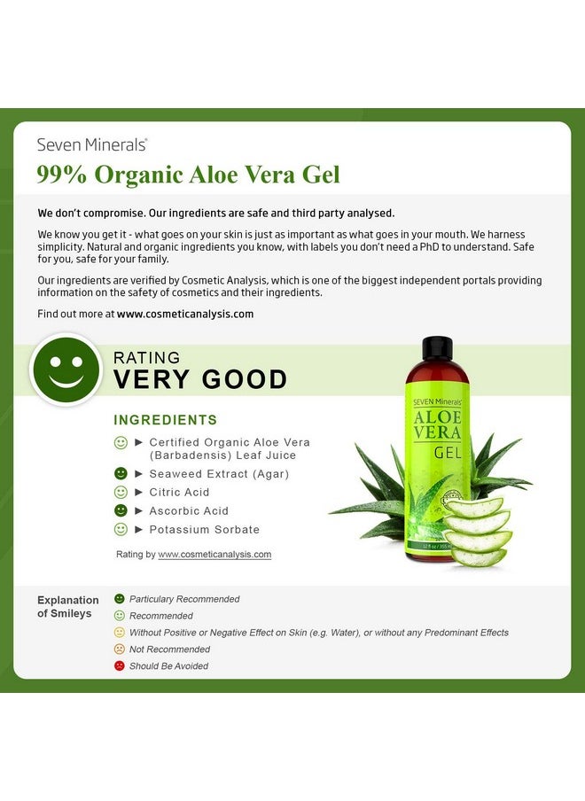 Seven Minerals Aloe Vera Gel - 99% Organic, Big 12 Oz - No Xanthan, So It Absorbs Rapidly With No Sticky Residue - Made From Real Juice, Not Powder 