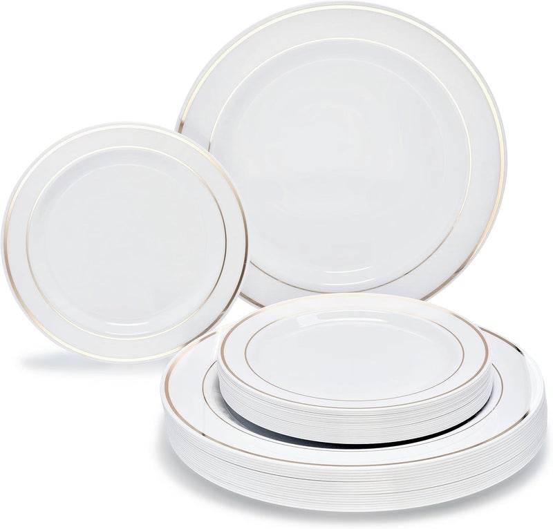 OCCASIONS FINEST PLASTIC TABLEWARE " OCCASIONS " 50 Plates Pack (25 Guests)-Heavyweight Wedding Party Disposable Plastic Plate Set -25 x 10.5'' Dinner + 25 x 7.5'' Salad/Dessert plates (White & Gold Rim) - Image 1