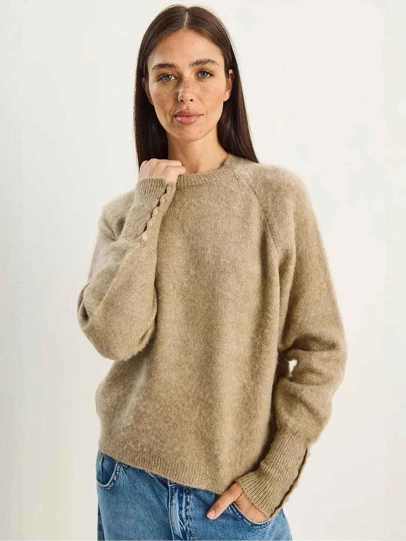 Bianco Lucci Beige Natural LUCCI Sweater with Buttoned Cuff Detail for Women | Best Price UAE