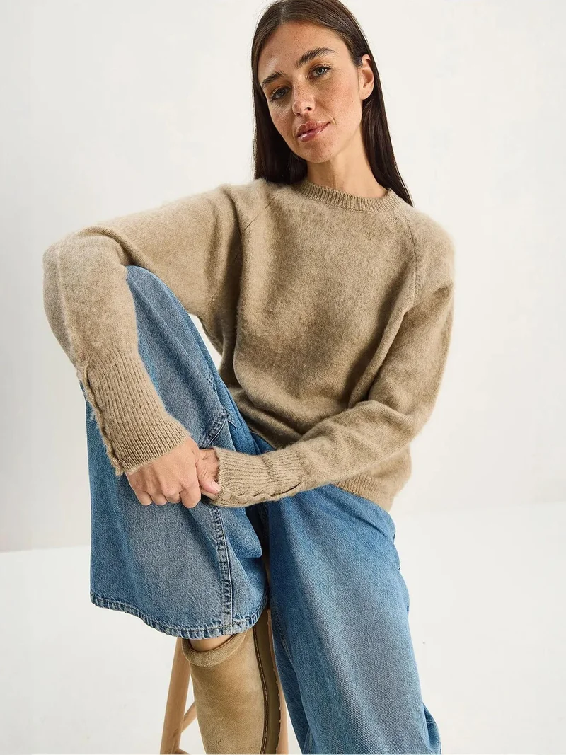 Bianco Lucci Beige Natural LUCCI Sweater with Buttoned Cuff Detail for Women | Best Price UAE