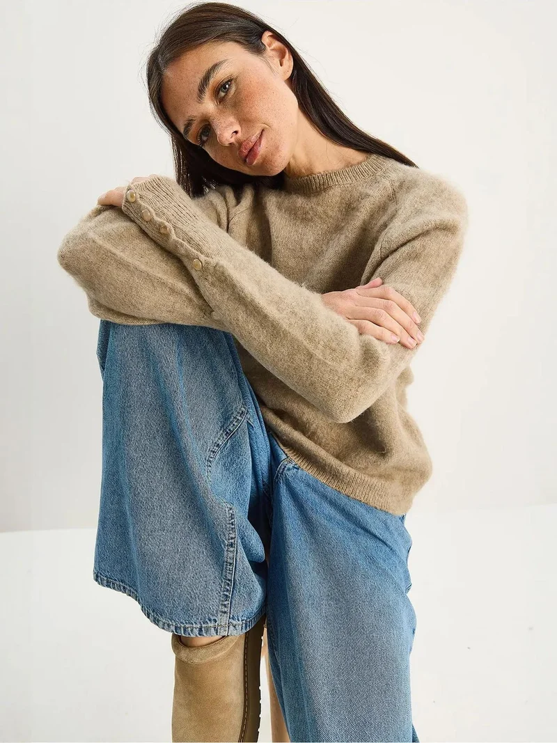 Bianco Lucci Beige Natural LUCCI Sweater with Buttoned Cuff Detail for Women | Best Price UAE