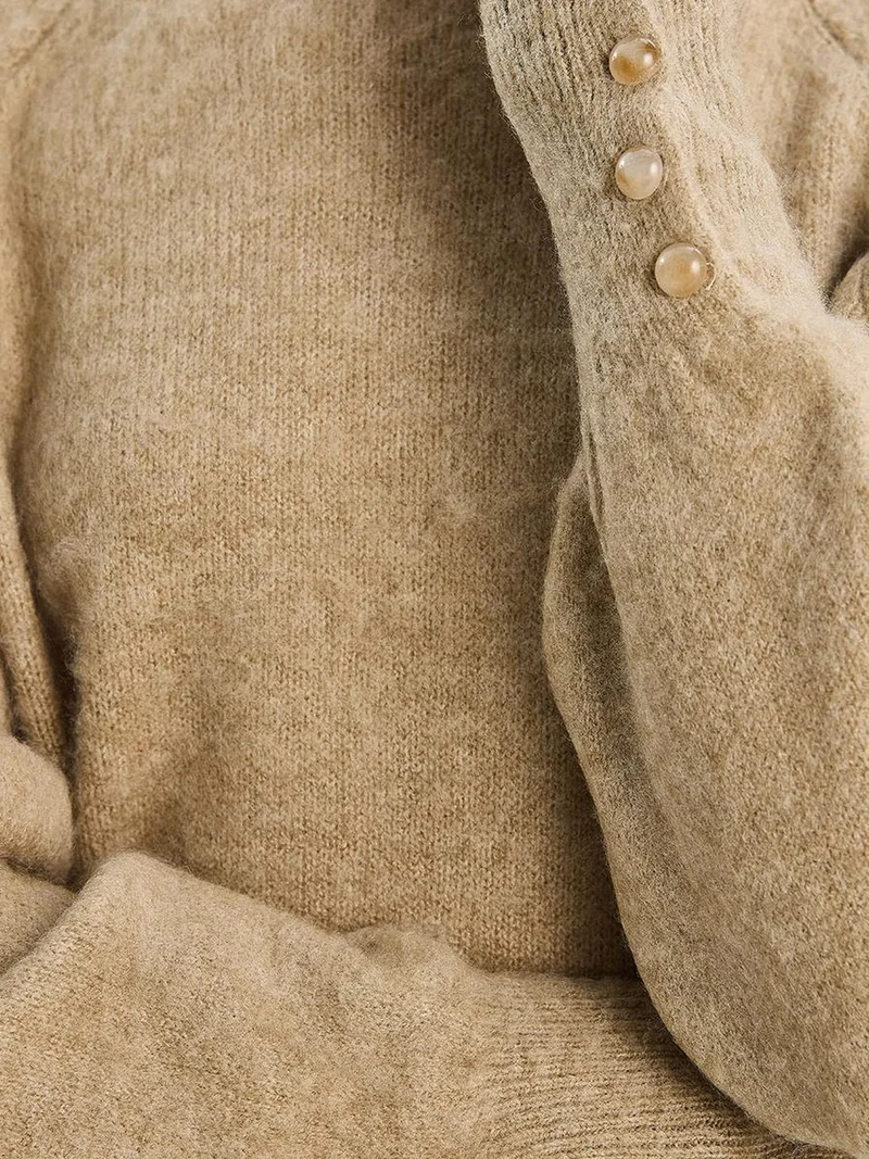Bianco Lucci Beige Natural LUCCI Sweater with Buttoned Cuff Detail for Women | Best Price UAE
