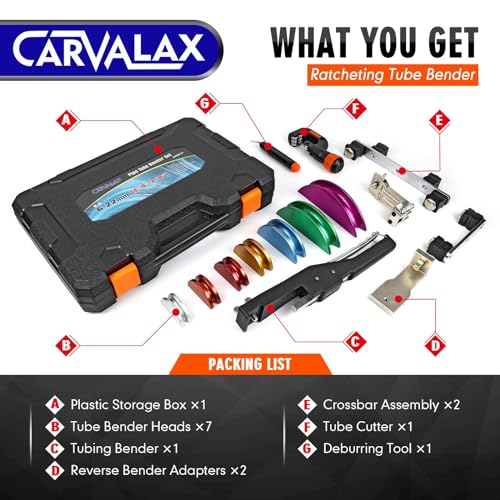 CARVALAX Pipe Tube Bender Set, for 1/4” to 7/8” O.D, 90° Ratcheting Tubing Bender Kit with Reverse Bending Adapters and 7 Multi-Color Aluminum Heads, for HVAC Air Condition Heating Repair - Image 3