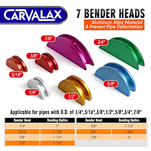 CARVALAX Pipe Tube Bender Set, for 1/4” to 7/8” O.D, 90° Ratcheting Tubing Bender Kit with Reverse Bending Adapters and 7 Multi-Color Aluminum Heads, for HVAC Air Condition Heating Repair - Image 4