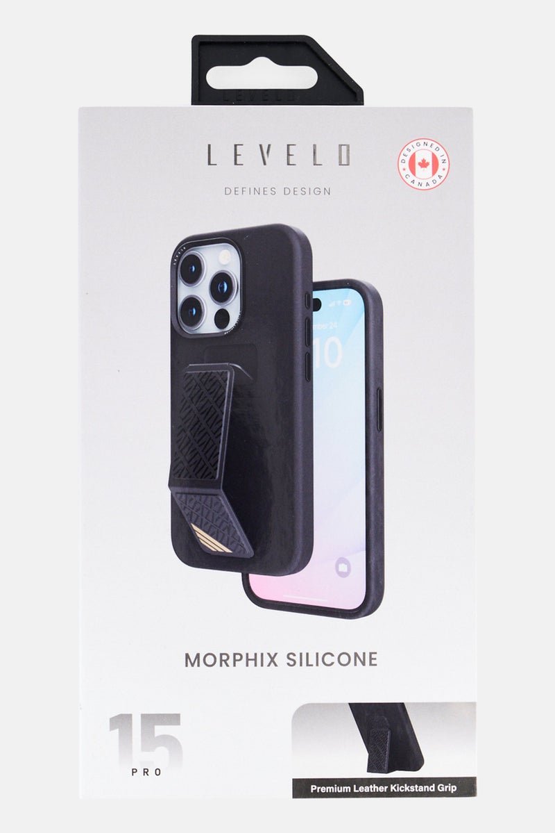 LEVELO iPhone 15 Pro Morphix Silicone Kickstand Grip Case, Black - Image 2