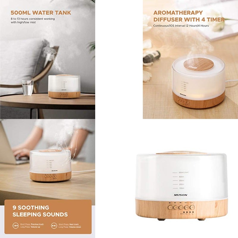 500ml Essential Oil Diffuser Sound Machine Combo Diffuser for Aromatherapy Fragrant Oil Cool Mist Humidifier with Natural Sound Music Warm Night Light Auto Off White - Image 1