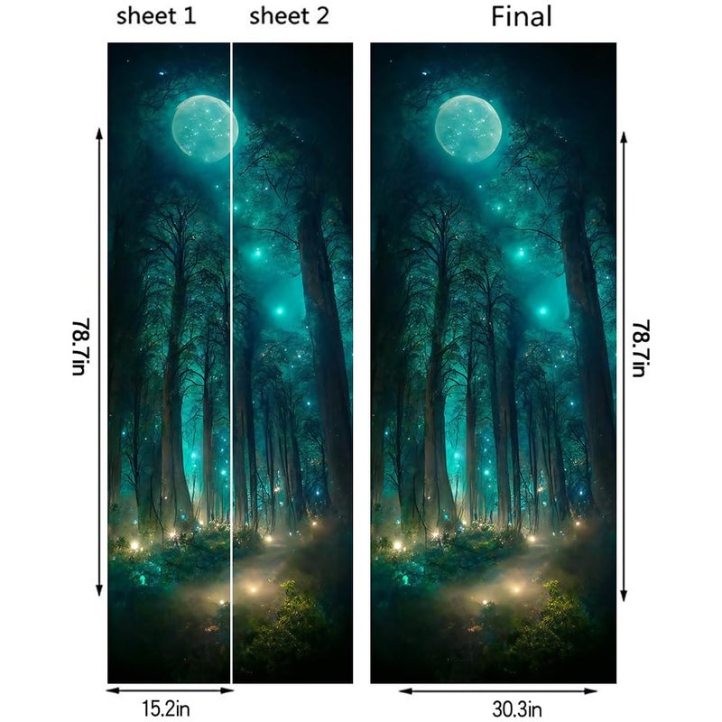 REDAMANCY Blue Green Forest Tree Moon Firebee Peel and Stick Door Stickers Vinyl 3D Door Mural Decals Decor Wallpaper Self-Adhesive, Waterproof, Removable - Image 2