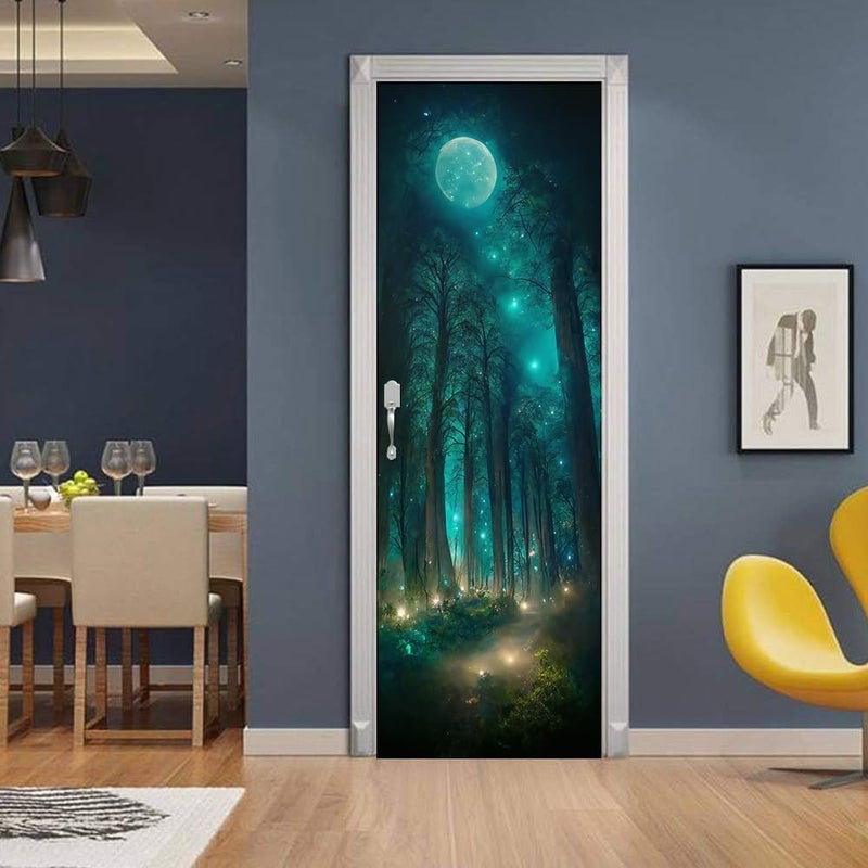 REDAMANCY Blue Green Forest Tree Moon Firebee Peel and Stick Door Stickers Vinyl 3D Door Mural Decals Decor Wallpaper Self-Adhesive, Waterproof, Removable - Image 3