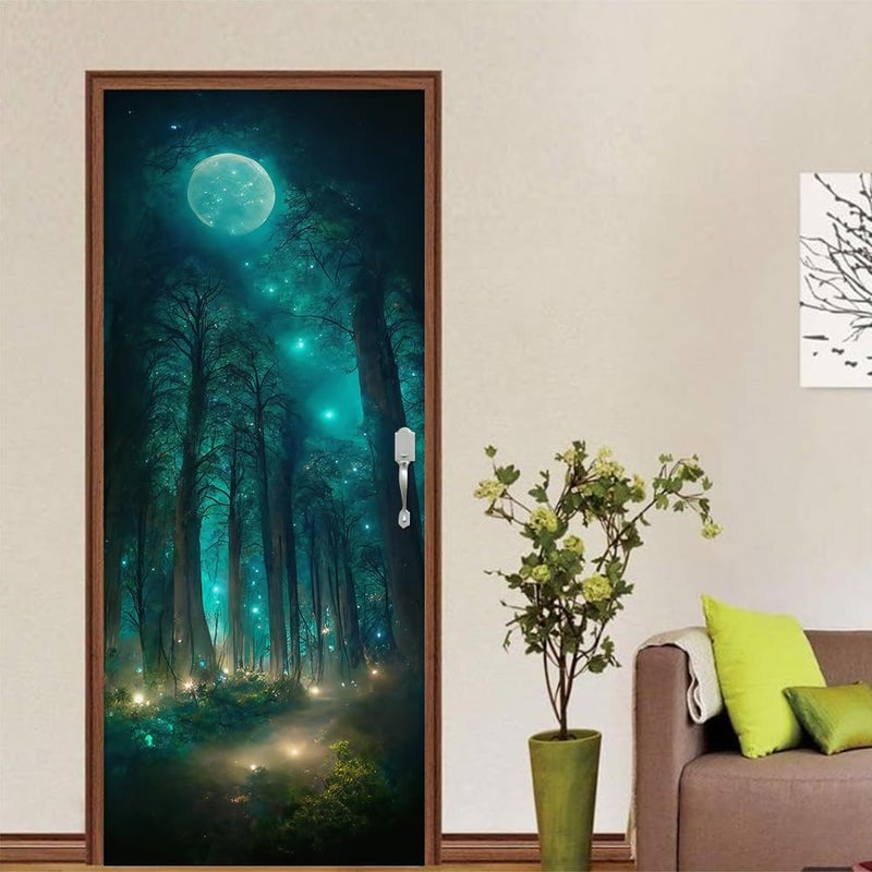 REDAMANCY Blue Green Forest Tree Moon Firebee Peel and Stick Door Stickers Vinyl 3D Door Mural Decals Decor Wallpaper Self-Adhesive, Waterproof, Removable - Image 4