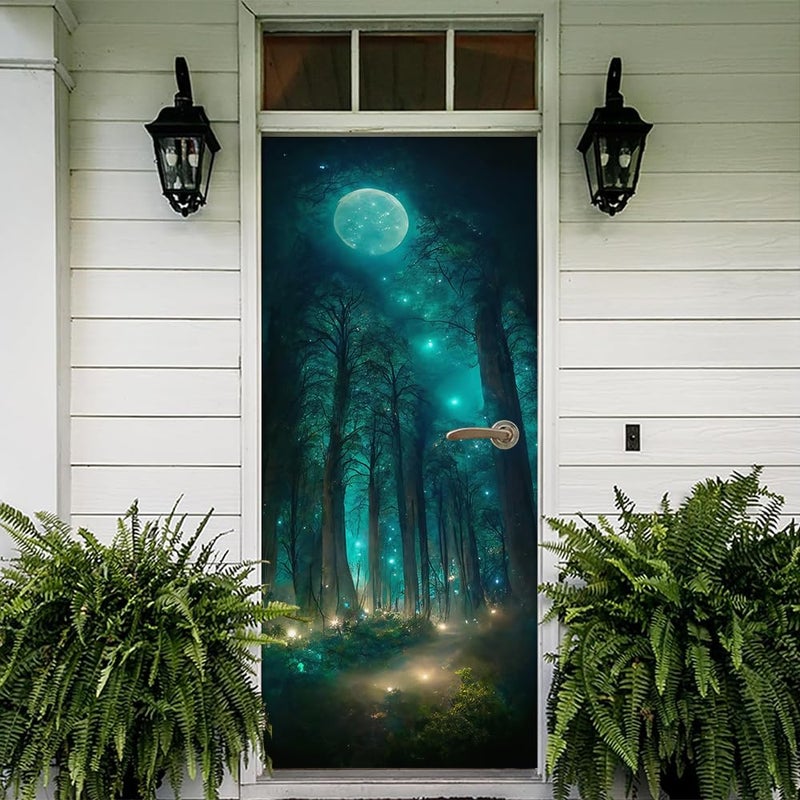 REDAMANCY Blue Green Forest Tree Moon Firebee Peel and Stick Door Stickers Vinyl 3D Door Mural Decals Decor Wallpaper Self-Adhesive, Waterproof, Removable - Image 5