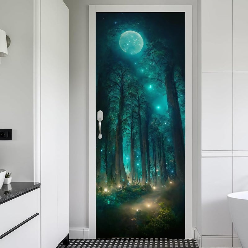 REDAMANCY Blue Green Forest Tree Moon Firebee Peel and Stick Door Stickers Vinyl 3D Door Mural Decals Decor Wallpaper Self-Adhesive, Waterproof, Removable - Image 1