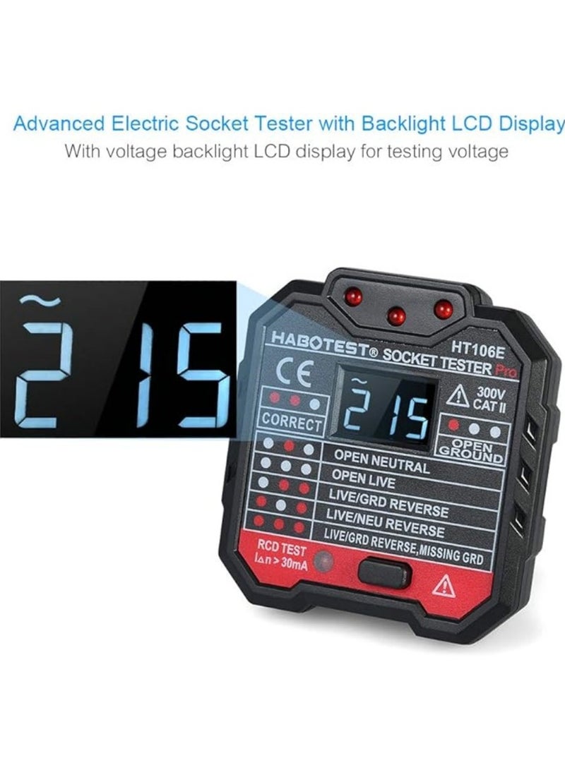 هابوتيست جهاز اختبار مأخذ الكهرباء المتقدم RCD، اختبار آلي للأسلاك المحايدة والحية والأرضية، جهاز اختبار الدوائر، جهاز تحديد عطل قابس الحائط، اختبار تسرب الكهرباء مع شاشة LCD مضاءة بالجهد (HT106E) - Image 4