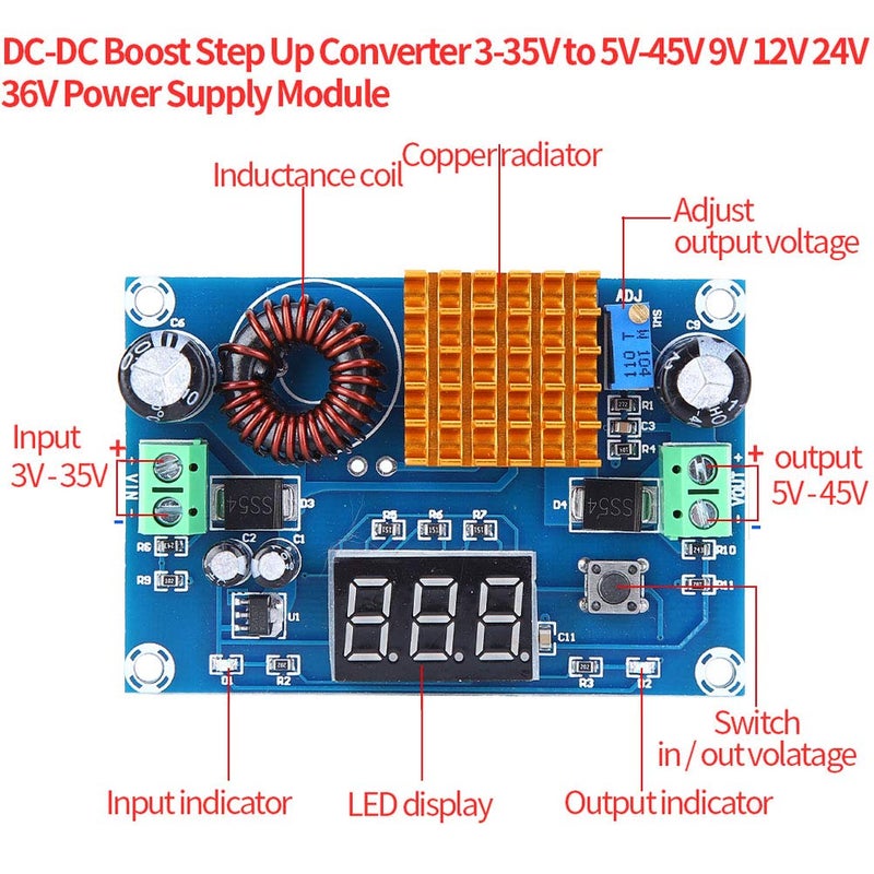 klarako DC Voltage Regulator Power Supply Step up Converter Module Converter Power Supply 3-35V to 5V-45V Adjustable Boost Converter with LED Display - Image 2