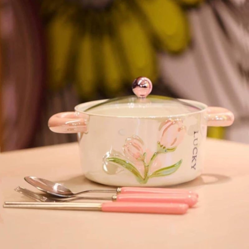 Porcelain Cookware Set - Elegant floral design with pink rose accents, includes glass lid and matching cutlery, microwave and oven safe for stylish everyday dining delight