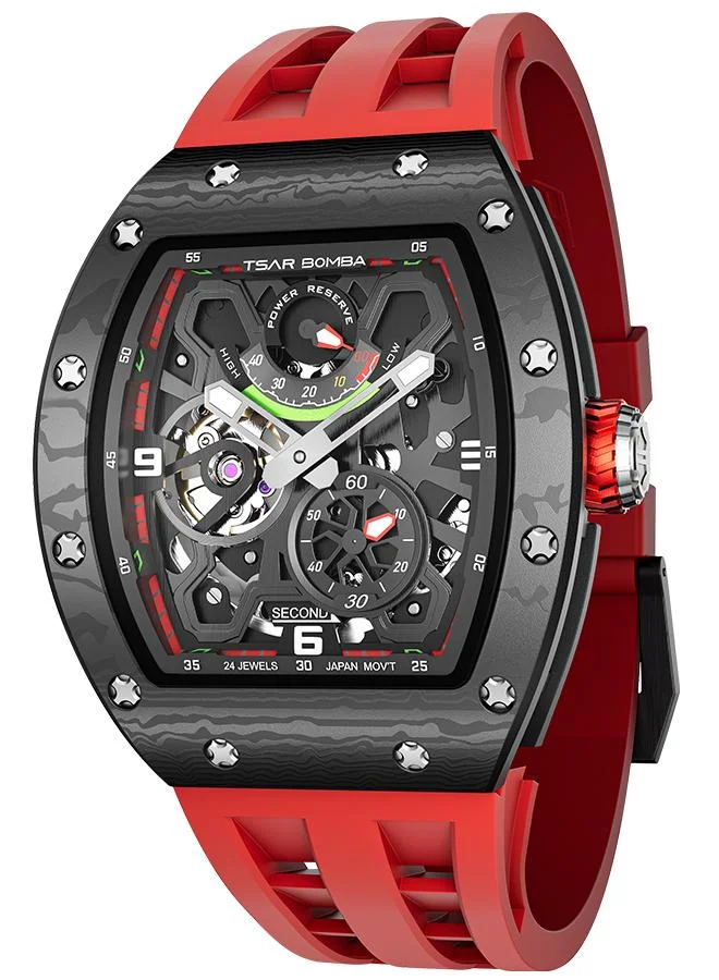 TSAR BOMBA Elemental Series 42.8mm Automatic Men's Watch with Red Premium Rubber Strap