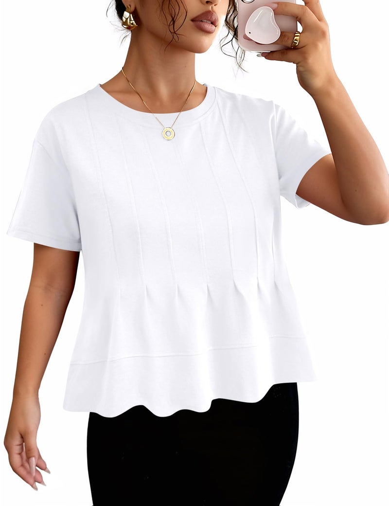 LOMON Peplum Babydoll Tops for Women Spring Summer Short Sleeve Loose Fit Cotton T-Shirt Dressy Casual Spring Clothing, White - Image 1