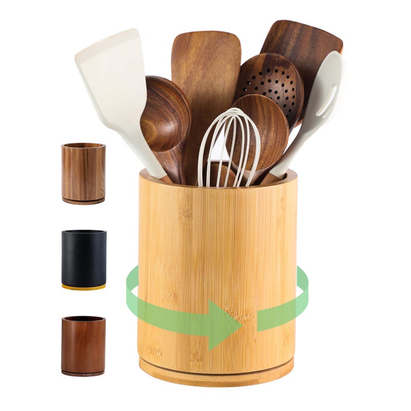 gorsent Wooden Utensil Holder, 360Â°Rotating 7.3'' Large Utensil Holder for Kitchen Counter, Kitchen Utensil Organizer, Utensil Crock, Farmhouse Kitchens Countertop Decor, Bamboo Wood - Image 1