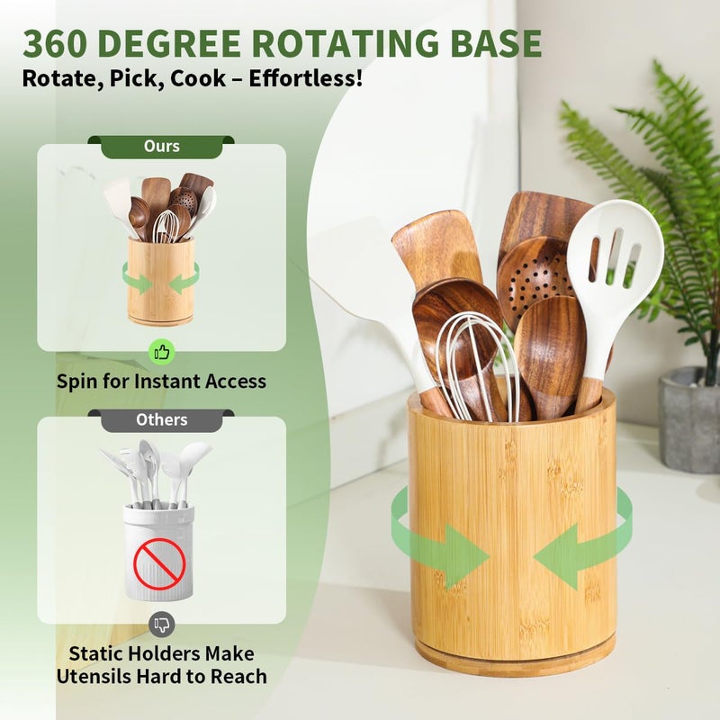 gorsent Wooden Utensil Holder, 360Â°Rotating 7.3'' Large Utensil Holder for Kitchen Counter, Kitchen Utensil Organizer, Utensil Crock, Farmhouse Kitchens Countertop Decor, Bamboo Wood - Image 3