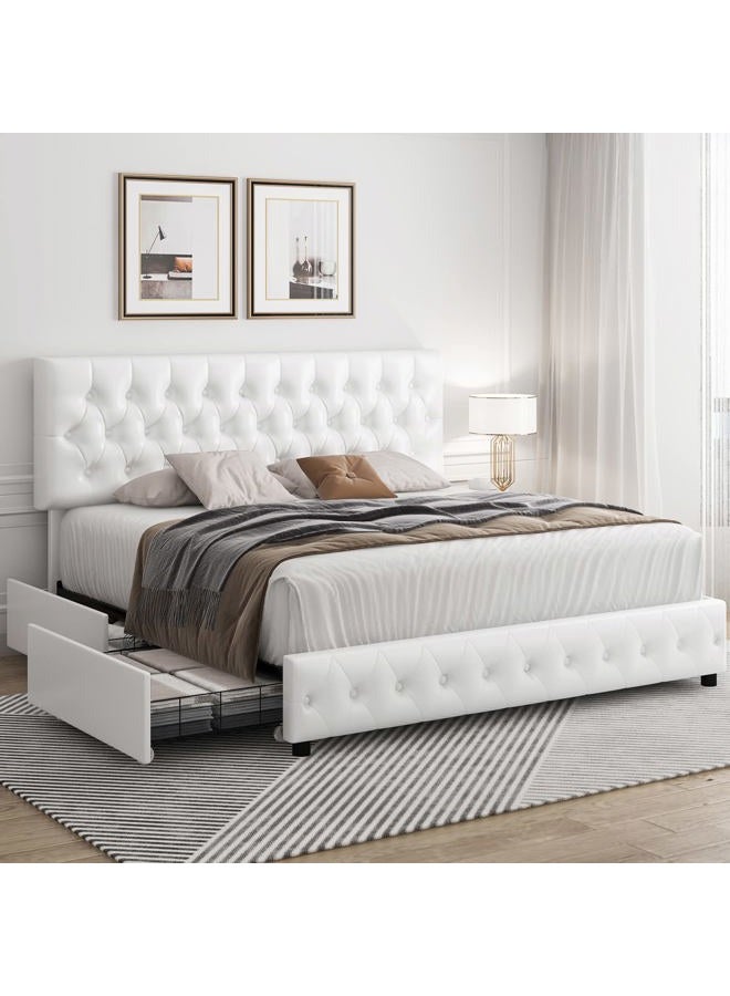 Keyluv Modern Upholstered Bed Frame with 4 Drawers, Button Tufted Headboard Design, Solid Wooden Slat Support, Easy Assembly, Queen Size, White - Image 1