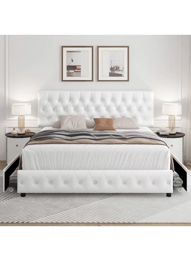 Keyluv Modern Upholstered Bed Frame with 4 Drawers, Button Tufted Headboard Design, Solid Wooden Slat Support, Easy Assembly, Queen Size, White - Image 2