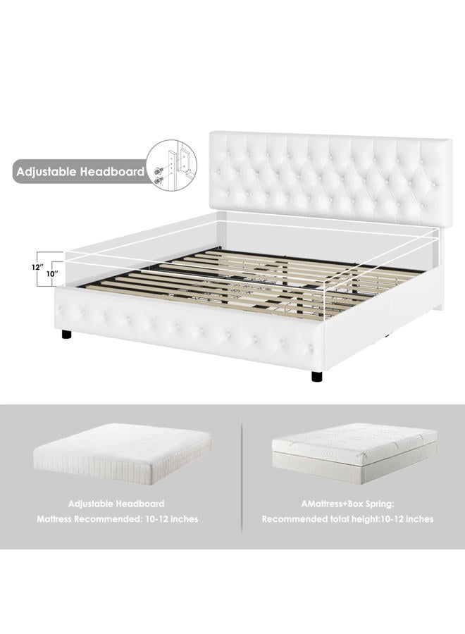 Keyluv Modern Upholstered Bed Frame with 4 Drawers, Button Tufted Headboard Design, Solid Wooden Slat Support, Easy Assembly, Queen Size, White - Image 5
