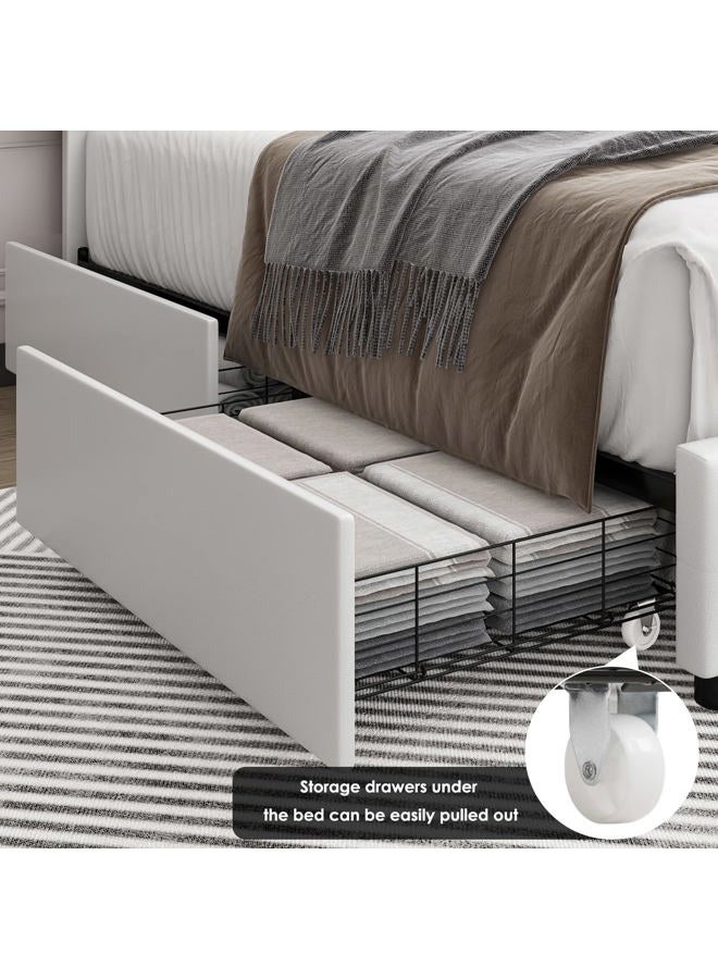 Keyluv Modern Upholstered Bed Frame with 4 Drawers, Button Tufted Headboard Design, Solid Wooden Slat Support, Easy Assembly, Queen Size, White - Image 3