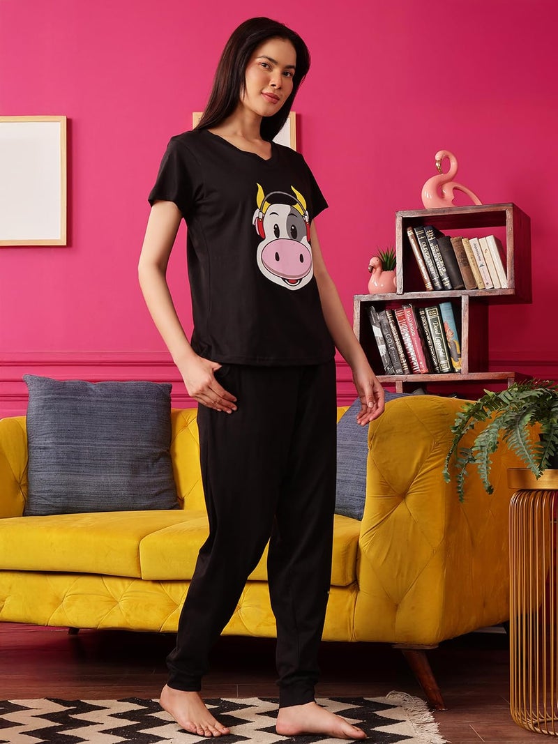 Clovia Women's Cotton Printed Top and Basic Pyjama Set (LS0557A13_Black_S) - Image 2