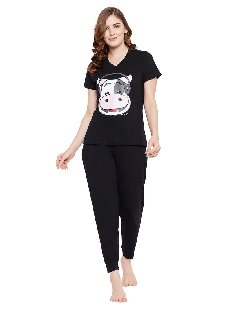 Clovia Women's Cotton Printed Top and Basic Pyjama Set (LS0557A13_Black_S) - Image 1