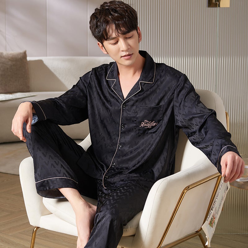 Couples Silk Pajamas Autumn Spring Ink Print EC18033 Male - Image 1
