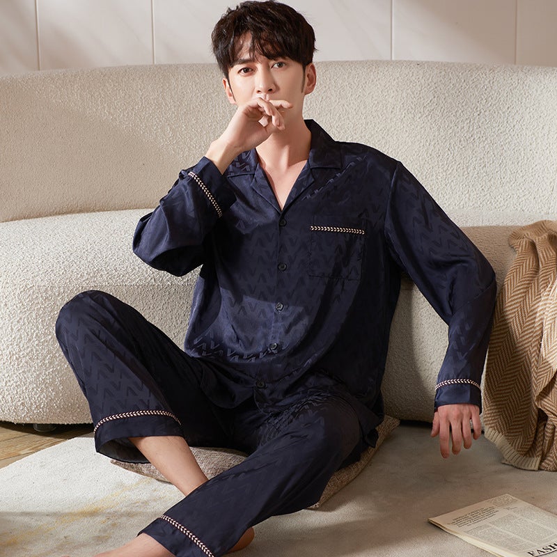 Couples Silk Pajamas Autumn Spring Ink Print EC18033 Male - Image 5