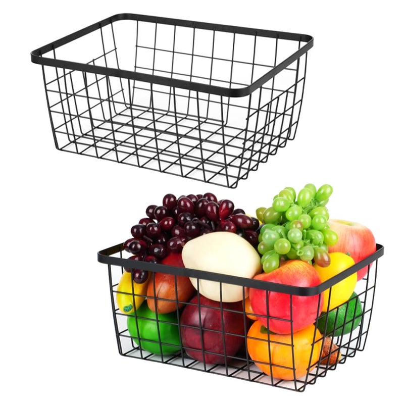 Kitchen Metal Wire Baskets with Handles Food Storage Organizer  Household Refrigerator for Cabinets Pantry Bathroom Black 2 Pack