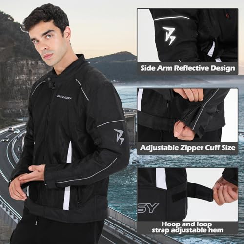 Burjosy Mesh Motorcycle Jacket for Men, Summer Motorbike Biker Jacket, Reflective Lightweight Breathable Riding Jacket Protective Gear Armored - Image 3