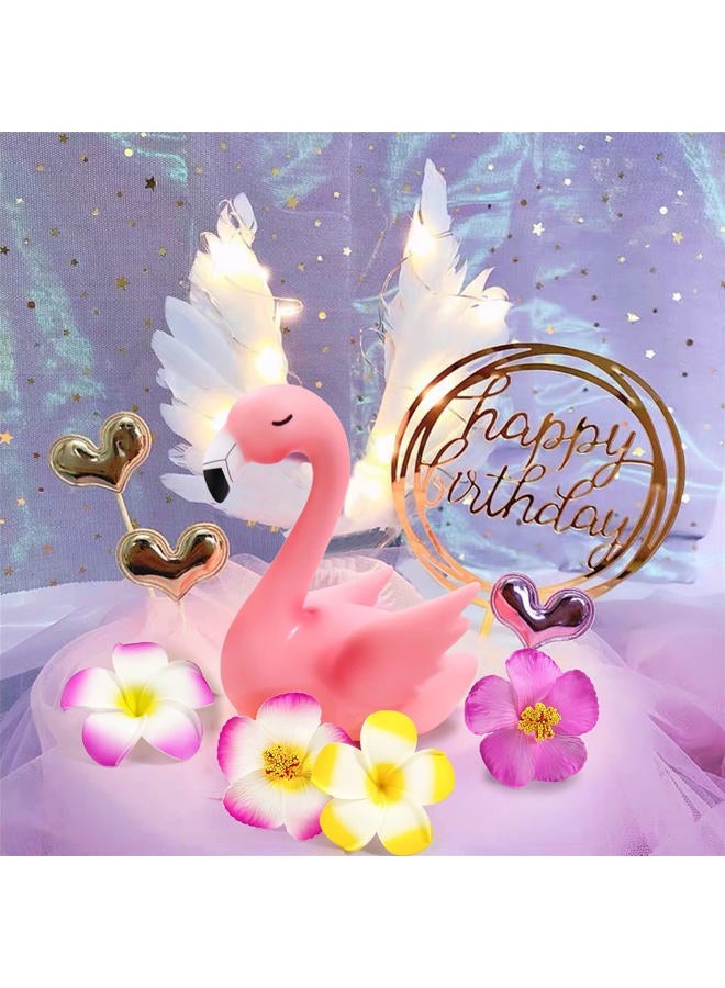 Mity Rain 7pcs Flamingo Cake Toppers, Flamingo Palm Leaves Hibiscus Flowers Hawaiian Luau Cake Decorations for Tropical Theme Birthday Party Supplies - Image 3