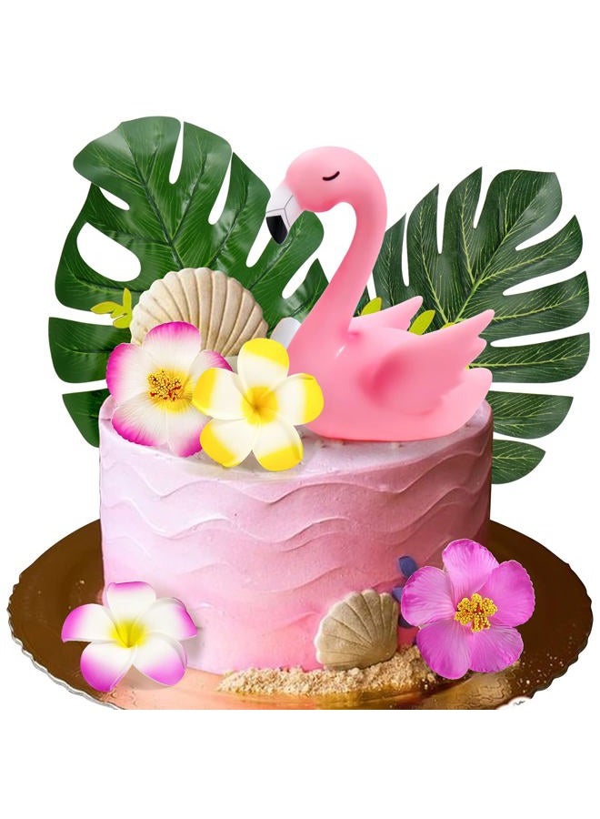 Mity Rain 7pcs Flamingo Cake Toppers, Flamingo Palm Leaves Hibiscus Flowers Hawaiian Luau Cake Decorations for Tropical Theme Birthday Party Supplies - Image 1
