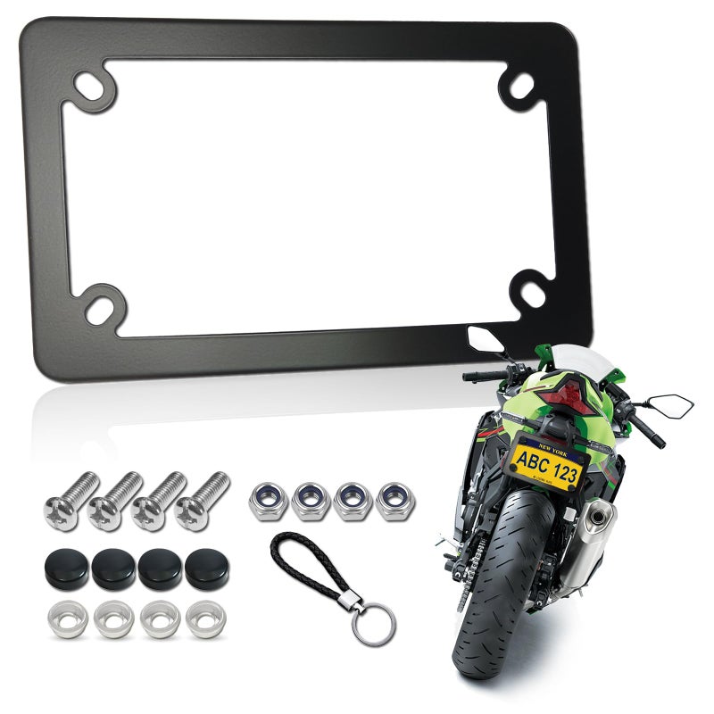 FBJTDQ Motorcycle License Plate Frame Black Matte Stainless Steel Bike Tag Plate Holder 4 Holes HeavyDuty Metal Bracket 1 Pack with Mounting Hardware Screws Nuts Caps - Image 3