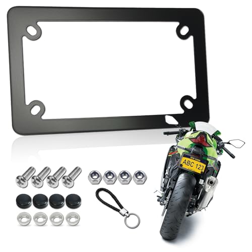 FBJTDQ Motorcycle License Plate Frame Black Matte Stainless Steel Bike Tag Plate Holder 4 Holes HeavyDuty Metal Bracket 1 Pack with Mounting Hardware Screws Nuts Caps - Image 1